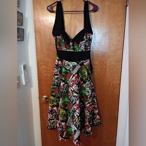 Hell Bunny Halter Dress with Black and Green Graphic Print